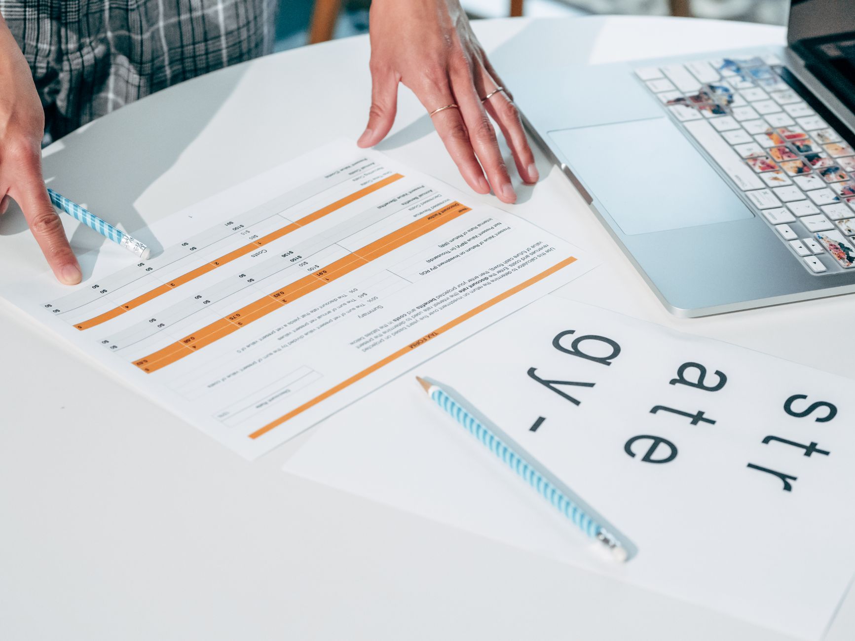 Printed charts on a desk